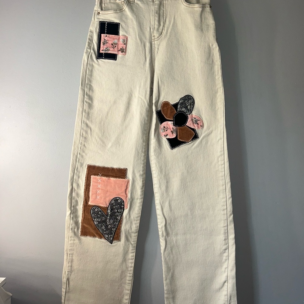 SO Women's Straight Leg Patchwork Jeans - Cream, Pink, Brown